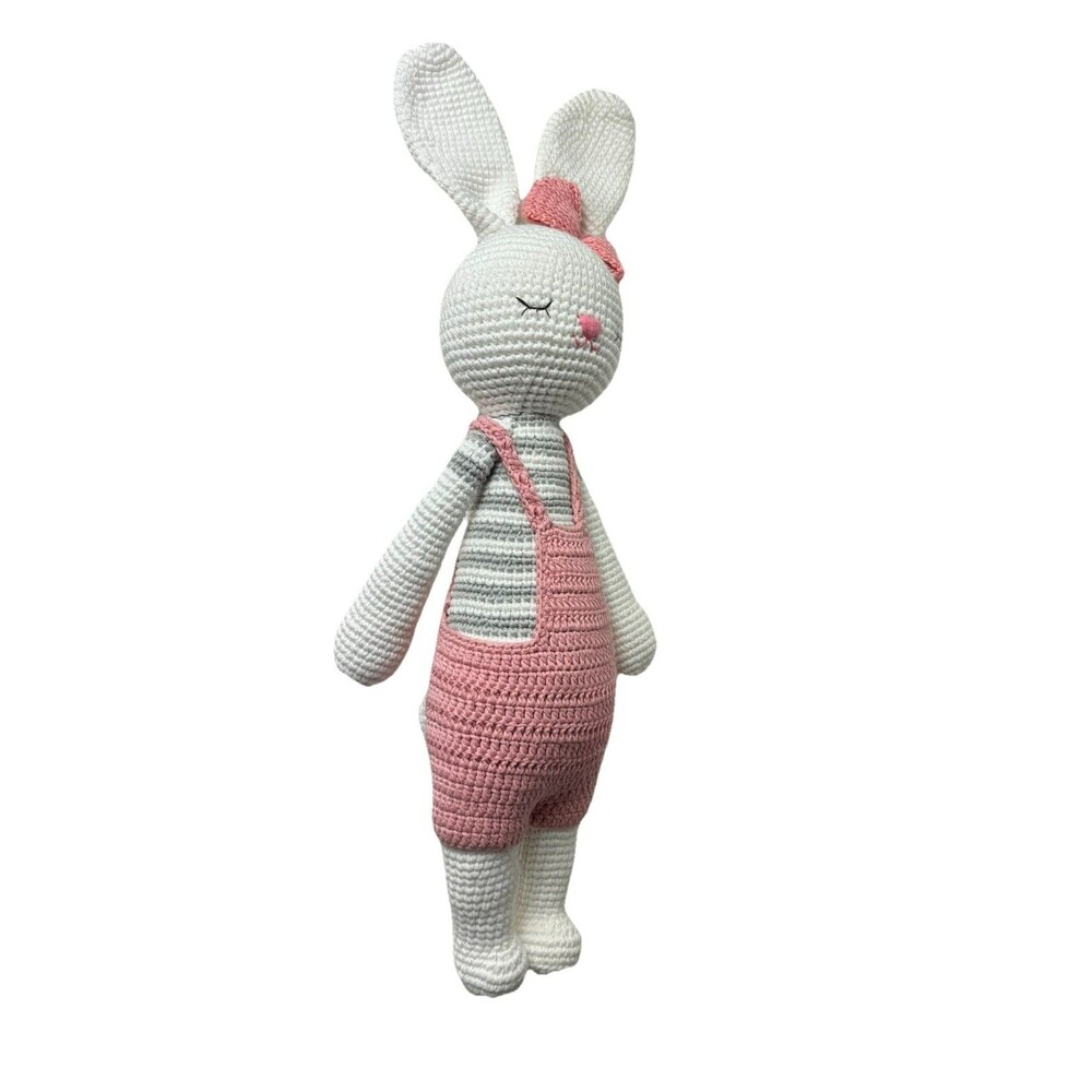 Handmade amigurumi Crochet Rabbit Doll Bunny Pink Overalls Pink Bow Long Ears